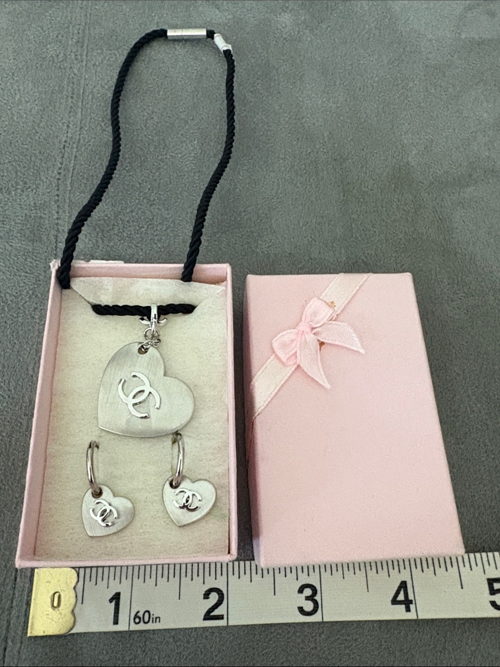 CC Logo Silver Heart Pendant Necklace & Hoop Earring Set Silver Black NIB